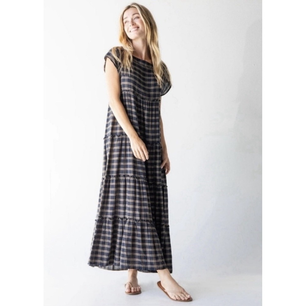 Natural Life Berkley Boho Plaid Cotton Tiered Ruffle Maxi Dress Women's Size XL - Picture 2 of 11